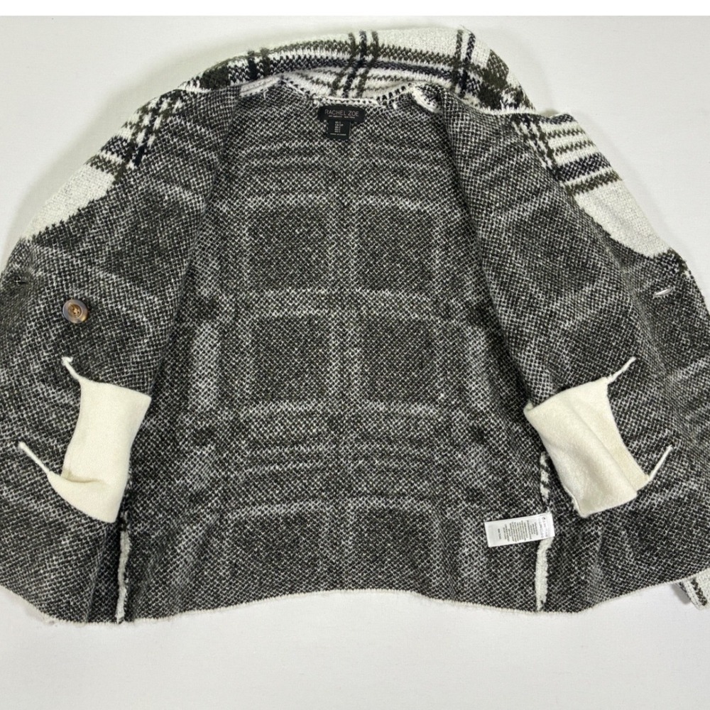Rachel Zoe Womens S Ivory Plaid Double Breasted Fuzzy Knit Sweater Jacket - Picture 2 of 8